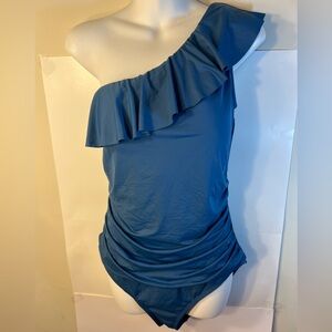 Hilor women’s one shoulder ruffle 1piece teal bathing suit size 16